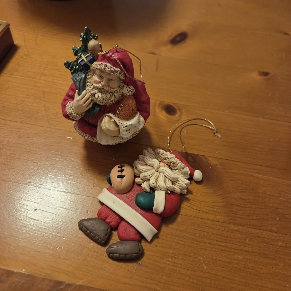 Set Of Santa Ornaments With Footballs One Resin (Roly Poly) And One Ceramic